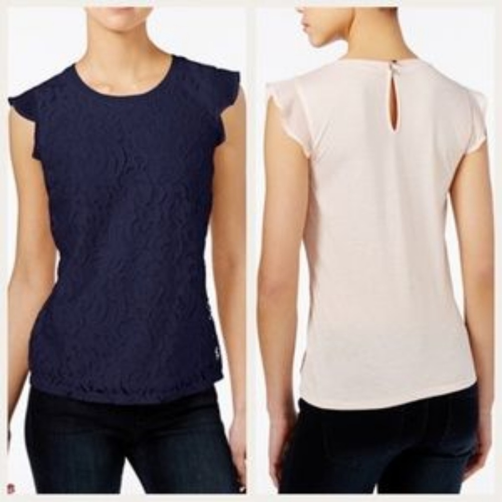 Maison Jules Navy Lace Top